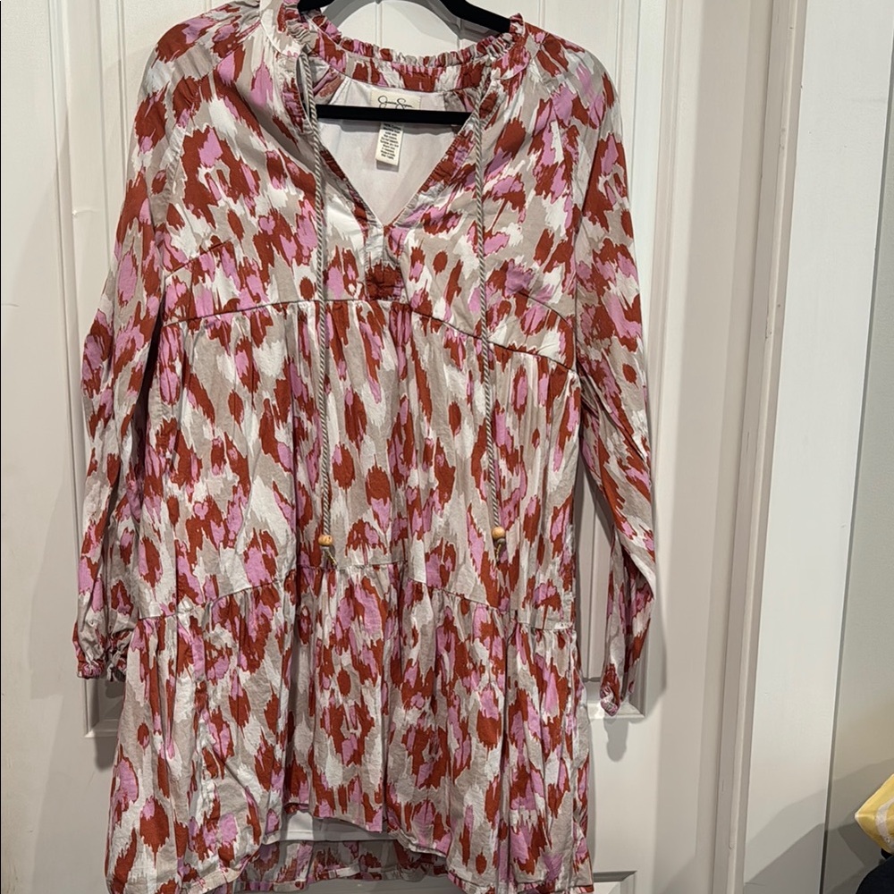 Lightweight Pink & Rust Printed Peasant Dress